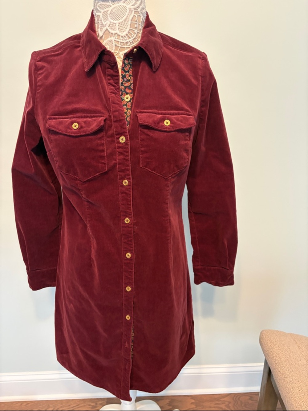 C. Wonder Long-Sleeve Corduroy Shirt Dress in Burgundy Size 8